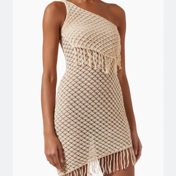 SAVANNAH MORROW Crochet Pima Cotton Mini Dres, One Shoulder, Fringe, Coverup NWT - Picture 6 of 9